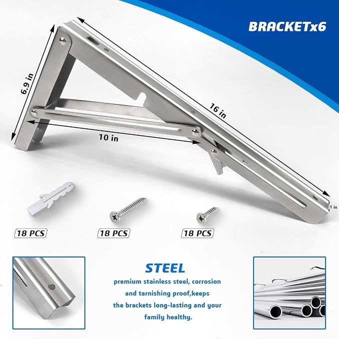 Folding Shelf Brackets 16 Inch, Heavy Duty Stainless Steel Collapsible Hinges Wall Mounted Angle L Bracket for Floating Shleves DIY Foldable Work Bench Table Desk - 6 Pack