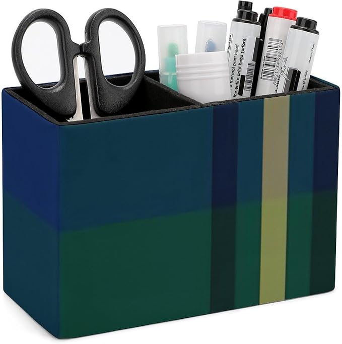 Tartan PU Leather Pen Holder Desk Organizer, 2-Compartment Pencil Container for Office, Home, Vanity Use