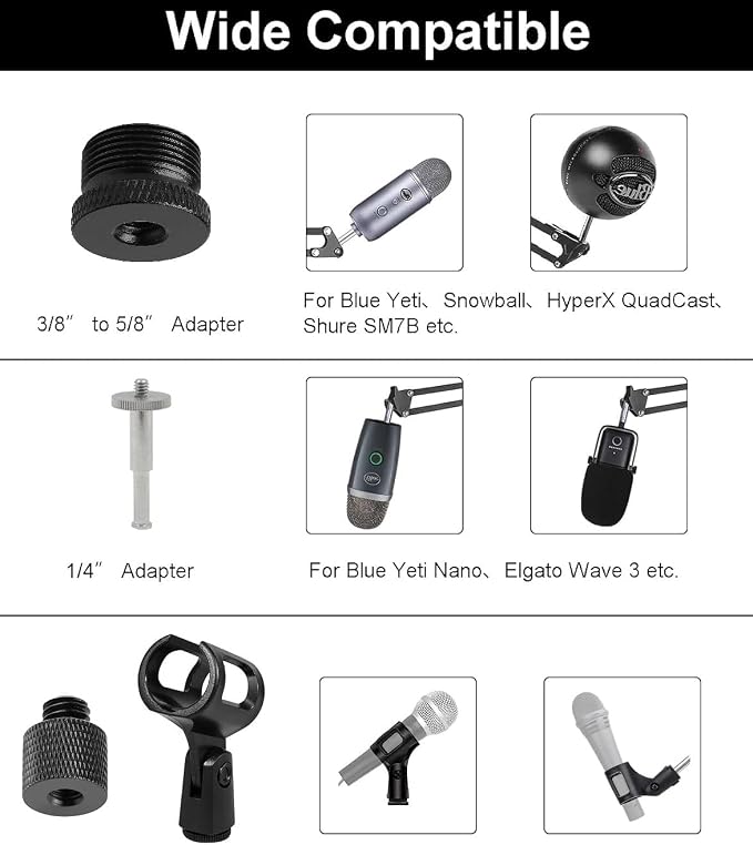 Microphone Floor Stand for Blue Yeti, Nano, Snowball, HyperX,Razer,Logitech USB and Condenser Mic,Adjustable Boom Arm Stand with 1/4'' Thread and 3/8" 5/8" Adapter, Pop Filter, Mic Clip, Cable Ties