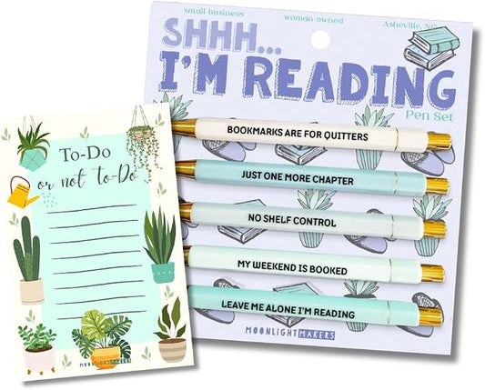 Moonlight Makers Funny Pens and Notepad Stationery Set - 5 Sarcastic Engraved Ballpoint Pens, Black Ink, Funny Office Gifts for Women, Teachers, Coworkers, Novelty Gag Gift Set - Shhh I'm Reading Pen