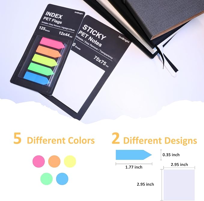 UniBright 175 pcs Arrow Page Tabs & 3x3 Inch Transparent Sticky Notes, Sticky Tabs for Books, Bible & Notebooks, Writable Repositionable Page Markers, Office, School, Home Use