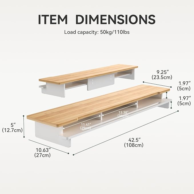 42.5" Dual Monitor Stand Riser with Phone Holder Desk Shelf White | Double Computer Monitor Stand for 55-72" Desk Wood Storage Organizer Cozy Computer Setup Workplace Organizer Keyboard Storage