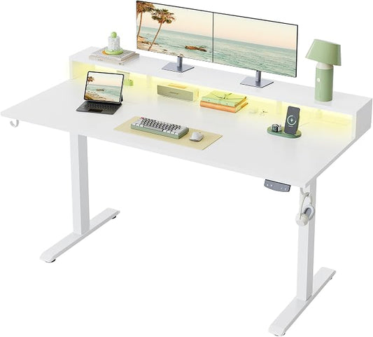 Klicelor Electric Standing Desk with Shelf, 63 Inch Height Adjustable Desk with Power Outlets & LED, Sit Stand Up Table with Monitor Stand, Computer Workstation for Home Office, White