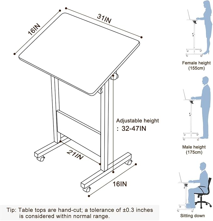KOUPA Adjustable Height Standing Desk, 31 in Writable Tempered Glass Desktop with Eraser, 360° Flip, Wheels – Ideal for Small Spaces and Home Offices, White(Adjustable Height: 32-47 in)
