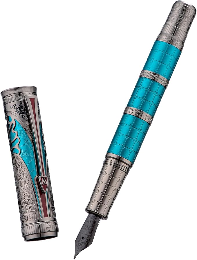 Hongdian D5X Fountain Pen Turquoise Extra Fine Nib, Qin Dynasty Retro Chinese Totem Engraving Smooth Writing Pen with Converter and Pen Box Set