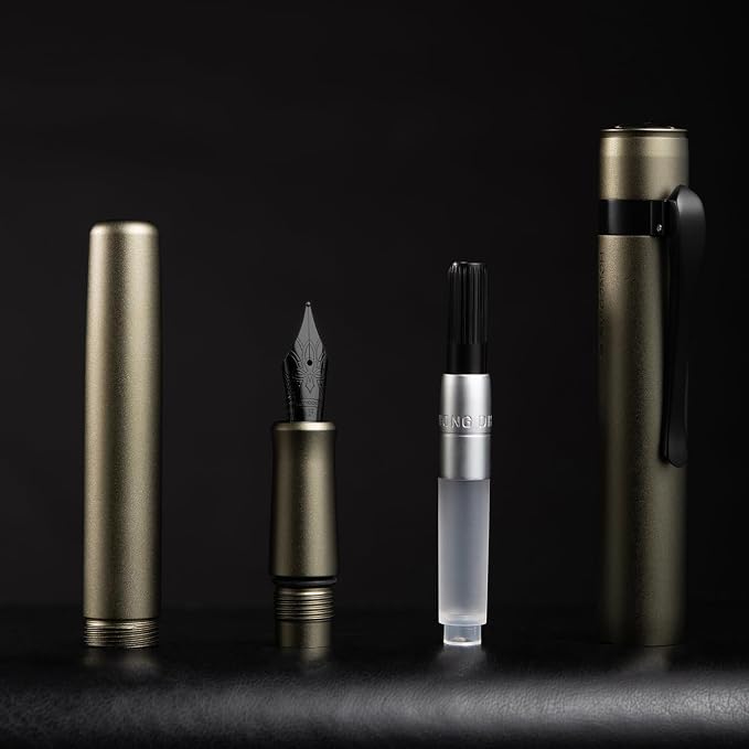 HONG DIAN M2 Black Forest Mini Fountain Pen, Fine Soft Nib & Sleek Shape Aluminium Short Pocket Travel Pen (Caramel Brown)