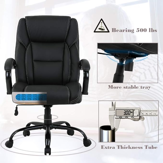 Big & Tall Executive Office Chair Heavy Duty 500LBS Computer Desk Chair Ergonomic High Back Task Rolling Swivel Chair with Lumbar Support Armrest PU Leather Oversizd Wide Seat Office Chair, Black