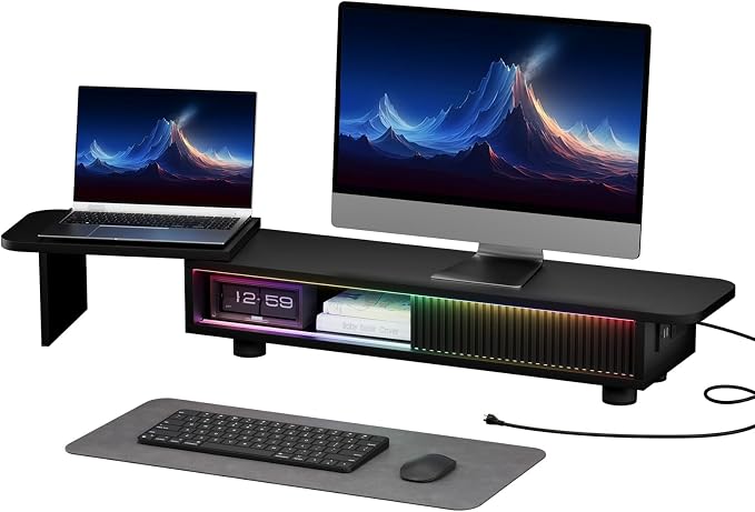 Artswish Dual Monitor Stand with Power Outlet, Black Desk Monitor Riser | 2 AC Outlets & 2 USB Ports, RGB Lighting, Sliding Storage, Flexible Side Shelf, Desk Riser for Work Study Gaming