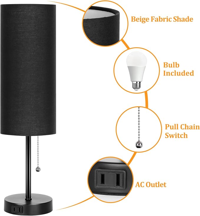 Dott Arts 18" Table Lamp for Bedroom, 3-Color Bedside Lamps with Pull Chain, Bedroom Table Lamps for Nightstand,AC Outlet Small Lamp for Living Room, Bulb Included Black