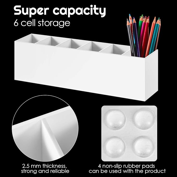 2 Pack Acrylic Makeup Brush Holder 6 Compartments Pencil Organizer Cup Pencil Holder for Desk Pen Organizer Storage Pen Holder for Accessories Cosmetic Brushes Office Bathroom Kitchen Supplies (White)