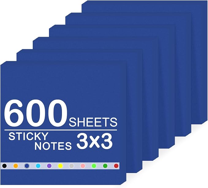 Super Sticky Notes,6 Pads Self-Stick Note Pads 3 x 3 in,600 Sheets Total Sticky Notepad Bulk Post,Office Supplies,School Supplies,Christmas Decor (Royal Blue, 6 Pads Sticky Notes 3x3)