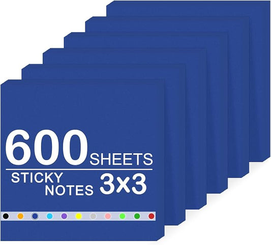 Super Sticky Notes,6 Pads Self-Stick Note Pads 3 x 3 in,600 Sheets Total Sticky Notepad Bulk Post,Office Supplies,School Supplies,Christmas Decor (Royal Blue, 6 Pads Sticky Notes 3x3)
