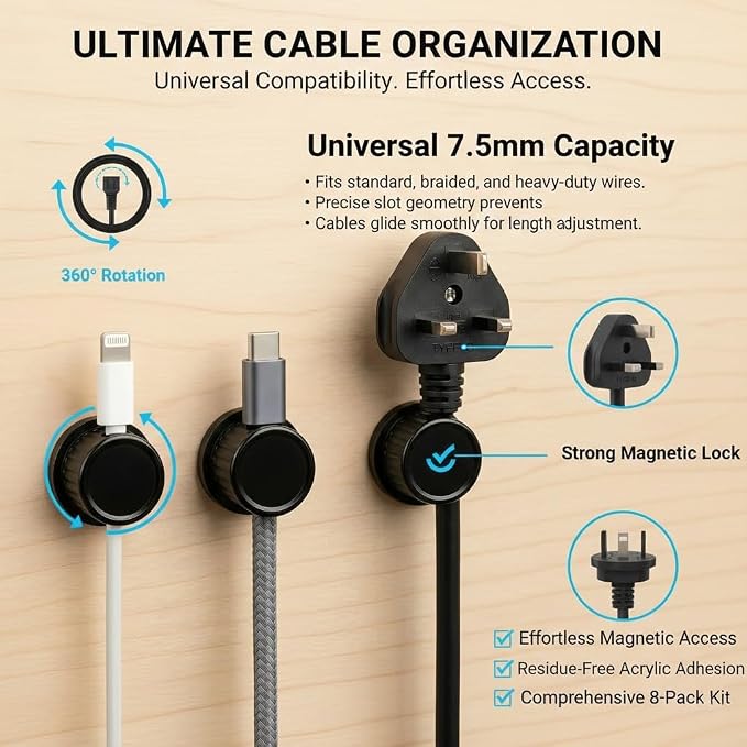 Magnetic Cable Organizer 8-Pack Glossy Black - Rotating Magnetic Clip Cord Keeper for Desk, Nightstand & Car - Adhesive Management System for USB & Power Wires