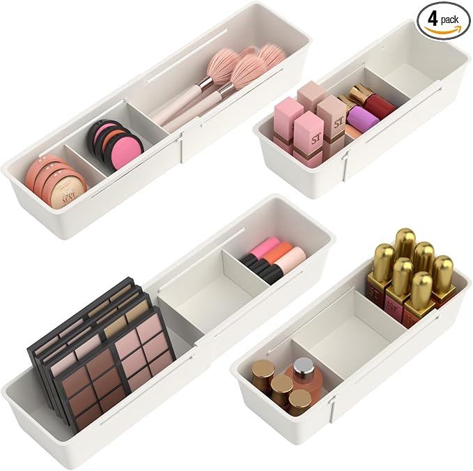 4 Pack Expandable Drawer Organizer, Desk Drawer Organizer Tray | 8 pcs Dividers Adjustable, 16 pcs Non-Slip Feet, Organizer Bins for Junk, Office, Makeup, Kitchen Utensil, Plastic, White