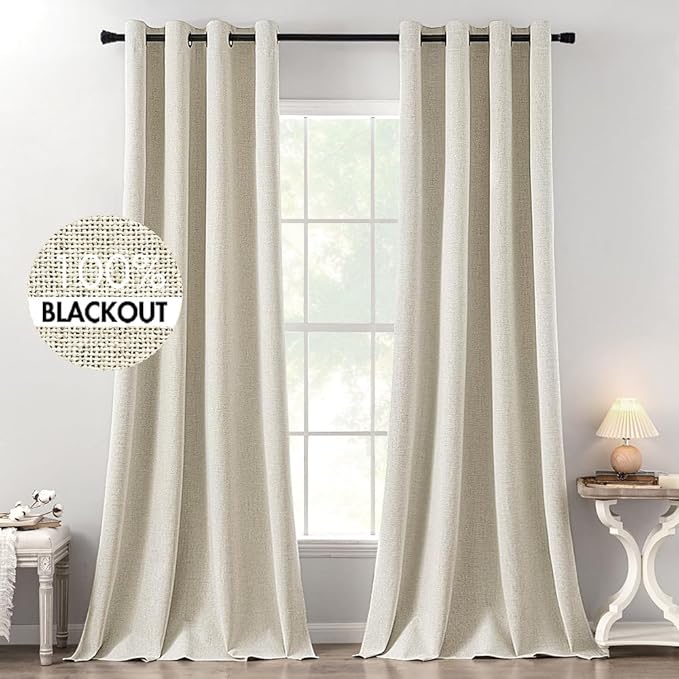 MIULEE 100% Blackout Linen Textured Curtains for Bedroom Solid Thermal Insulated Cream Grommet Room Darkening Curtains & Drapes Luxury Decor for Living Room 52 x 120 Inch (2 Panels)