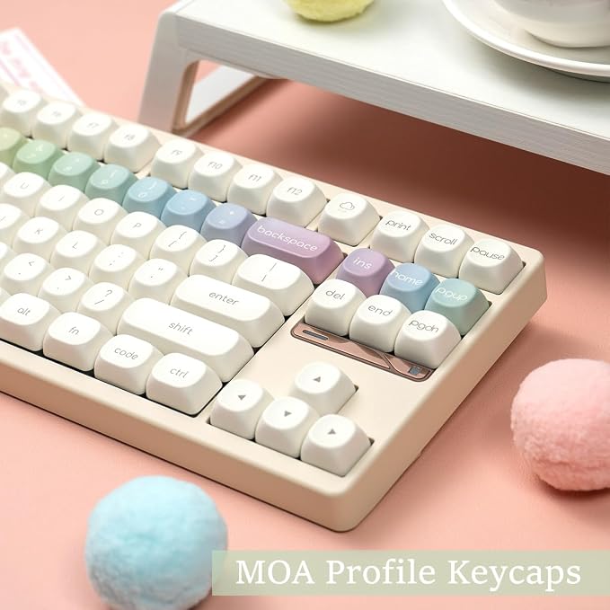 MOA Profile Keycaps, Rainbow PBT Keycap, Minimalist White Cute Round Keyboard Keycap, Dye-Sublimation Colorful Custom Key Cap for 61/64/68/84/87/100/104/108 Cherry MX Mechanical Keyboards(124 Keys)