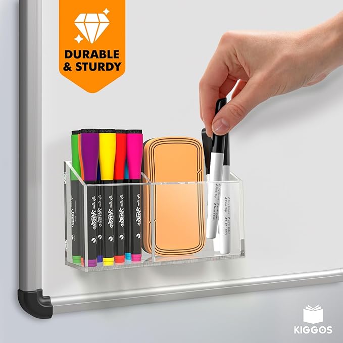 Acrylic Magnetic Marker Holder for Whiteboard Pen Organizer 2 Compartments Teacher Classroom Organization Magnetic Pencil Holder for Refrigerator Classroom Decor Office Modern White Board Accessories