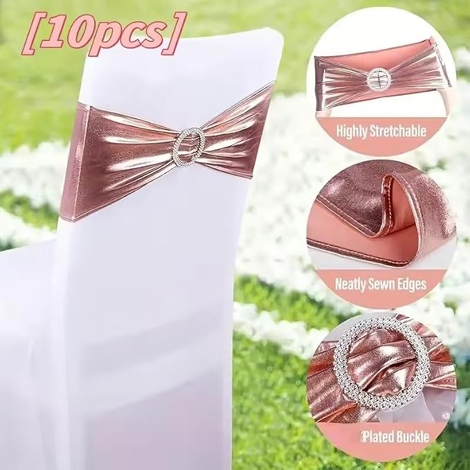Tvoip 10PCS Chair Cover Stretch Band with Buckle Slider Sashes Bow Wedding Banquet Chair Decoration (Metallic Pink)