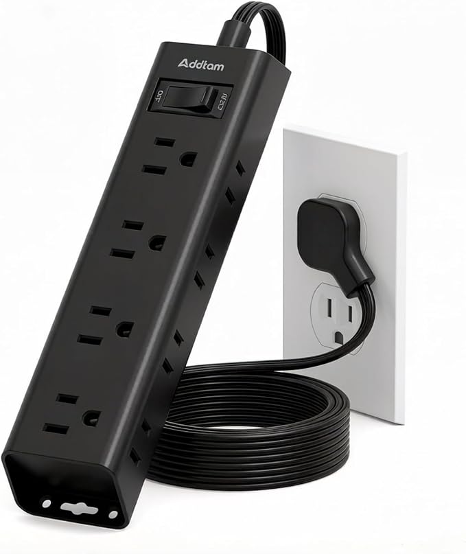 Addtam Power Strip Surge Protector with 12 Outlets, Flat Plug Extension Cord 6FT, Ultra Thin Wall Plug, 3-Side Wide Spaced Outlet Extender, Wall Mount Desk Charging Station for Home Office Garage