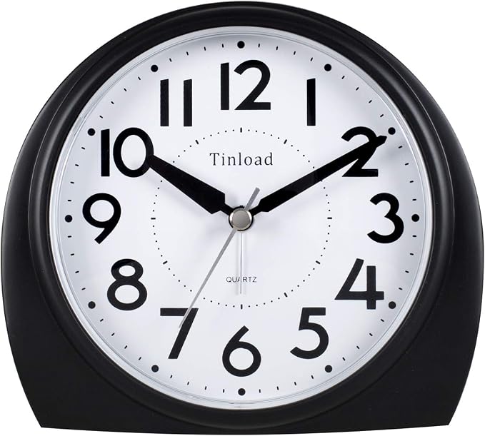 Tinload 5.5" Large Analog Alarm Clock Silent Non Ticking, Gentle Wake, Beep Sounds, Increasing Volume, Battery Operated Snooze and Manual Light, Easy Set, Black (Best for Elder)