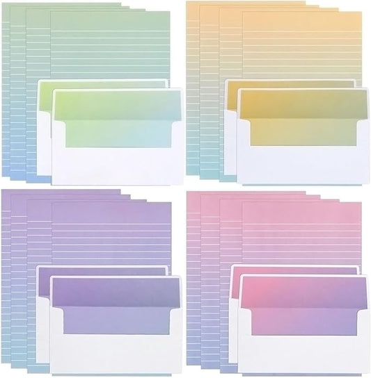 Watercolor Stationery Set with Envelopes, 16 Lined Paper Sheets + 8 Envelopes, Gradient Colors Stationery Paper for Writing Letter Poems Invitations Best Wishes