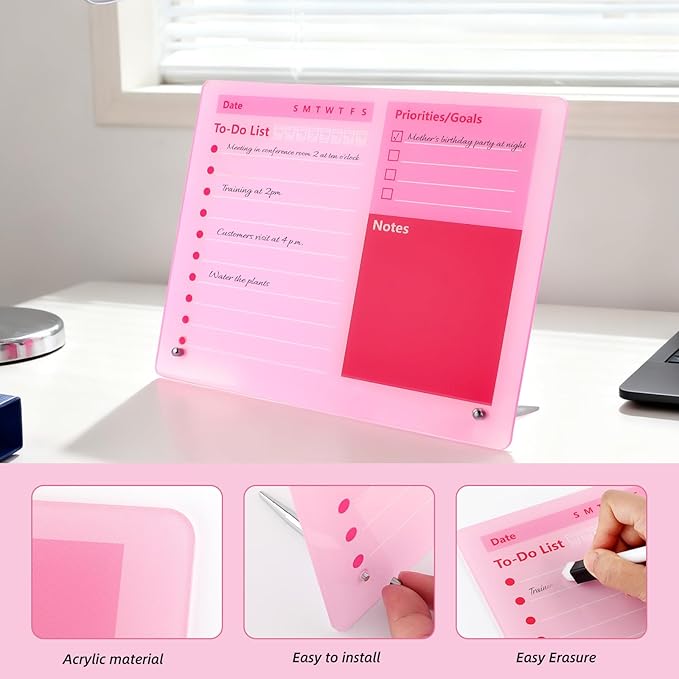 Pink Acrylic Dry Erase Board 12x10 inch, Thickened Desktop to Do List Planner Board with Stand and Markers, Frameless Tabletop Pink Dry Erase White Board Daily Task Organizer for Office Home School