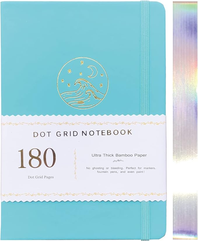BUKE Dotted Notebook Journal 180GSM Bamboo Thick White Paper 160 Pages 5 * 5MM Dot Grid, Lay Flat Binding,Colored Silver Edges, Bookmarks and Expandable Back Pocket (BKP-7)