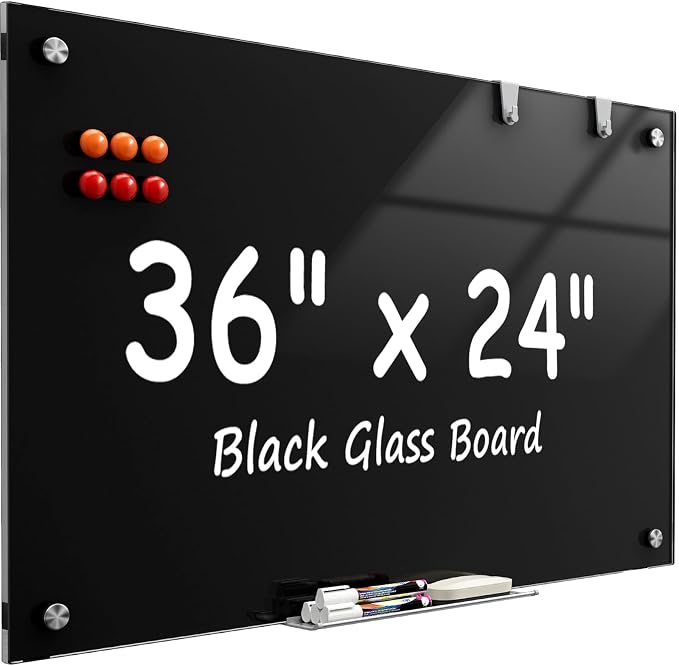 MaxGear 36" x 24" Glass Whiteboard Wall Mounted for Office Home Classroom | Magnetic Glass Dry Erase Board, Tempered Glass, Steel Backed, Non-Porous Surface, Frameless Design, Hardware Included