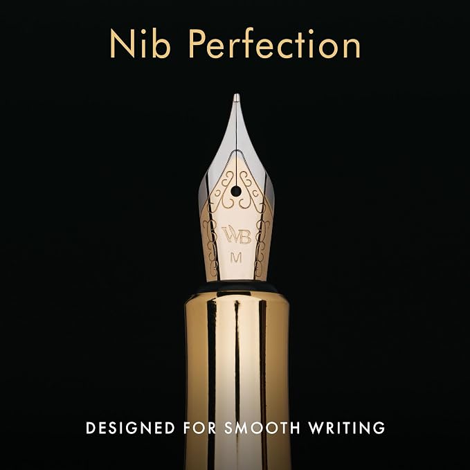 Wordsworth and Black Fountain Pen Mini EDC: Luxury Gold Heavy Pocket Pen, Gold Finish, Medium Nib, 6 Ink Cartridges, Ink Converter, Travel Refillable Writing Pen Gift Set, Men & Women