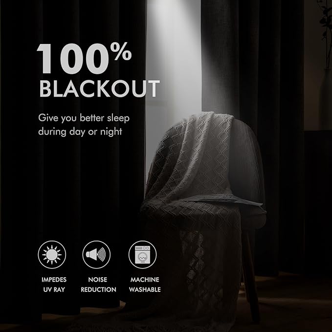 MIULEE 90 Inches Linen Textured Curtains for Bedroom 100% Blackout Thermal Insulated Taupe Grommet Room Darkening Curtains & Drapes Luxury Decor for Living Room 52 x 90 Inch (2 Panels)