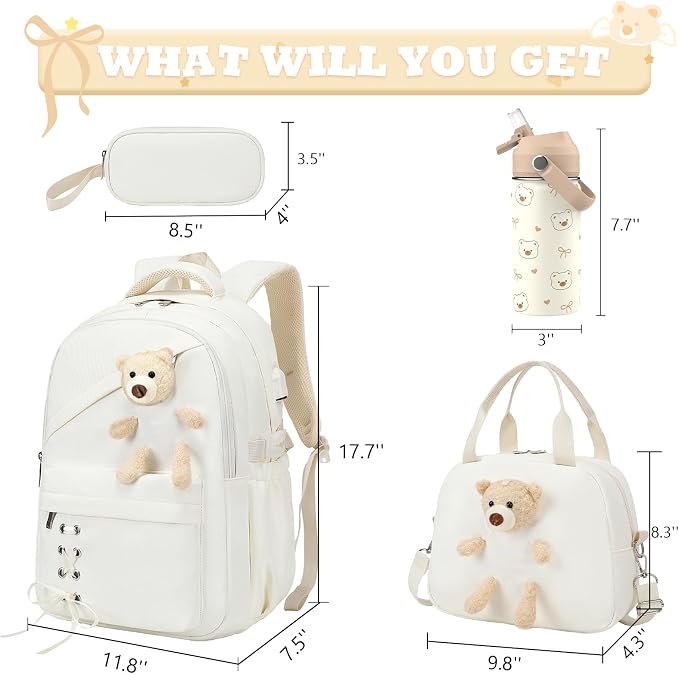 ACESAK Backpack for Girls with Insulated Water Bottle - 4 PCS Cute Girls Backpack with Lunch Box, Pencil Case & Kids Cup Set - 14oz Kids Water Bottle with Straw Set Back to School Supplies (Beige)