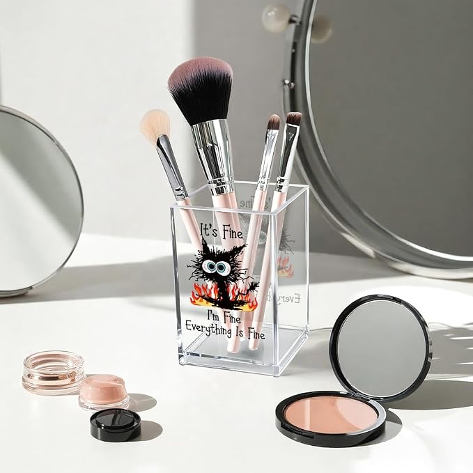 It's Fine I'm Fine Acrylic Cosmetic Pencil Pen Holder Cup, Funny Black Cat Pen Holder Cup, Cat Lover Gift for Women Men, Office Sarcastic Gifts for Women Men Colleague Boss
