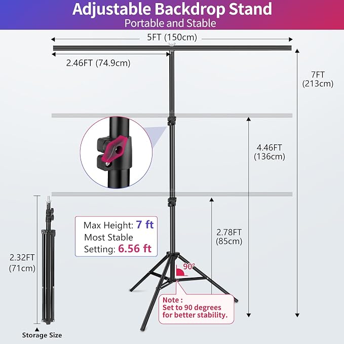 Black White Backdrop Screen with Stand Kit 5x6.5ft for Photo Video Studio, 2-in-1 Revisible Black Backdrop White Screen with T-Shaped Photography Background Support Stand and 5 Clamps