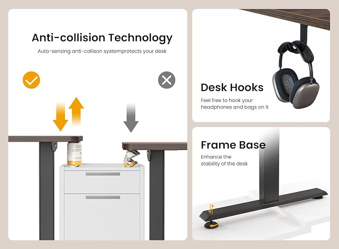 BANTI 63 × 28 Inches Standing Desk, Ergonomic, Electric Height Adjustable, Sit and Stand Up, Computer Desk with a Deeper Desktop, Black Frame/Black Walnut Top