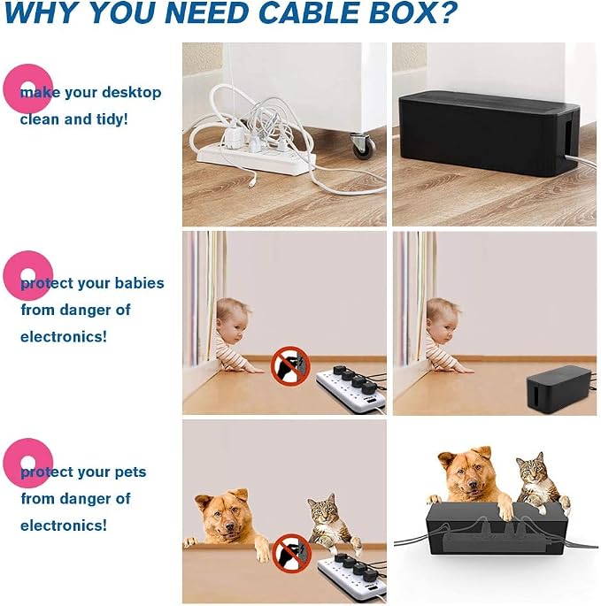 Cable Management Box Organizer, Pack of 2 Wire Concealer to Cover Hide Surge Protector & Power Strip on Desk Floor, with 5 Cord Fastening Tapes for Office, Home, Kitchen (Luxury Black)