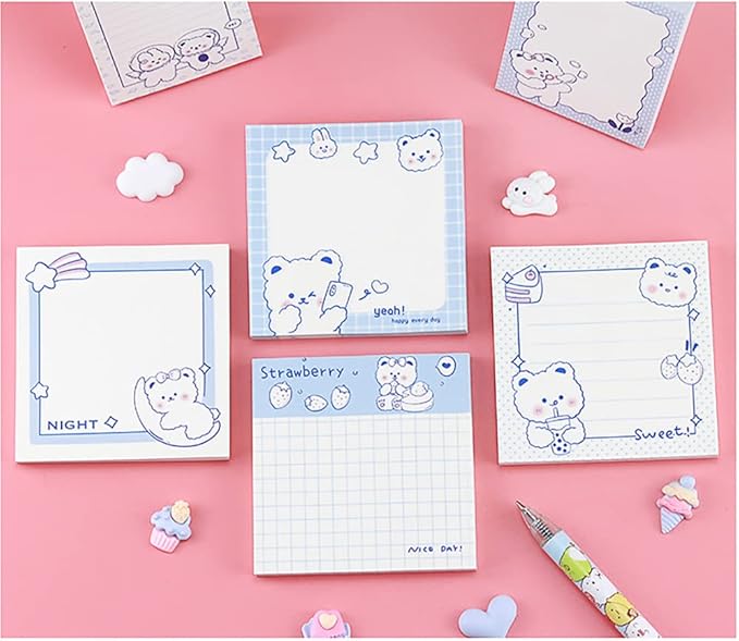 4 Pack Cute Sticky Notes Kawaii Sticky Notes Memo Pads 3.1x3.1 Inches Fresh Bear Series Self-Stick Note Pads for Girls Boys Students School Office Home (320 Sheets), 4 Pads 80 Sheets/Pad