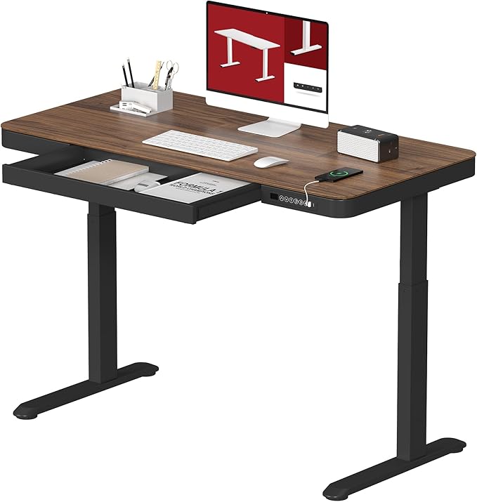 SANODESK Standing Desk with Drawer, Electric Height Adjustable Home Office Desk with Storage & USB Ports, 48 inch Black Walnut Wood Tabletop/Black Frame