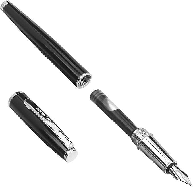 Amazon Basics Refillable Fountain Pen with Smooth Writing, Medium Point, Black Metal Barrel, Black Ink, 2 Replacement Cartridges