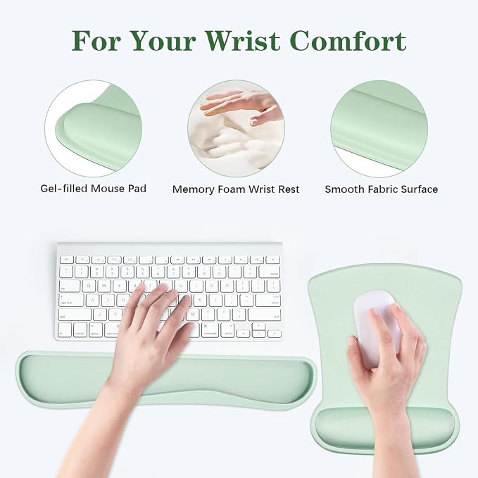 Ergonomic Keyboard Wrist Rest Memory Foam and Soft Gel Mouse Pad | Smooth Surface, Anti-Slip Base, Easy Typing and Pain Relief for Gaming, Office, Laptop, Green