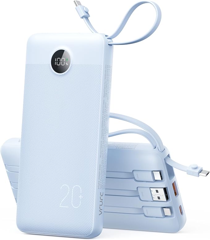 VRURC Portable Charger Slim 20000mAh Power Bank,22.5W PD Fast Charging Travel Essentials Powerbank 4-Built-in-Cables&2 Extra Ports Compatible with iPhone,iPad,Galaxy,Android (Sky-Blue)