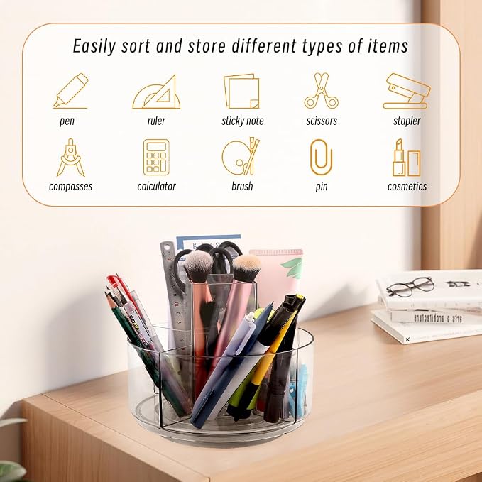 HONUTIGE Acrylic Desk Organizer Clear, 360 Degree Rotating Pen Organizer Large Pen Holder with Mini Paper Clips Stationery Supplies Marker Holder Art Supply Storage Organizer 5 Compartments