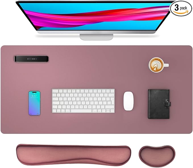 Bloss Dark Red Desk Mat, Large Mouse Pad, Non-Slip Desk Protector Mat, Leather Desk Blotter, Waterproof Desk Pad for Make Up Desk/31.5×15.7 Inch