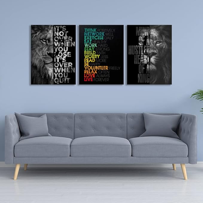 Halioyo 3 Piece Lion Wall Art - Motivational Wall Art, Inspirational Canvas Prints for Office Decor, Modern Lion Picture for Men, Leadership & Strength Pictures for Bedroom Living Room(12x16 inches)