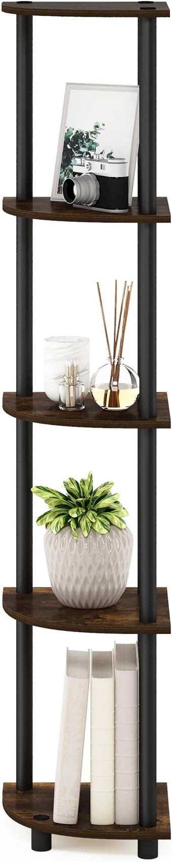 Furinno TURN-N-TUBE Corner Shelf, 5-Tier Corner Bookshelf, Open Storage Shelves, for Organization and Storage, Living Room, Home Office, Garage, Bedroom, Amber Pine