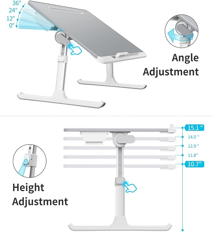 Laptop tray, SAIJI 60*45cm Table lap for bed, Multi-purpose Premium Lapdesk, Height Angle adjustable, with Book Stand, Drawer, Tablet slot, for Eating, Working, Writing, Gaming, Drawing (Light Grey)