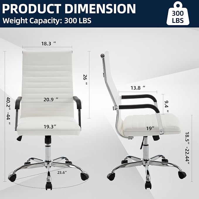 Office Chair, Ergonomic Executive Conference Room Chairs, Ribbed Leather Desk Chair with Lumbar Support, Adjustable Height Mid-Back Swivel Chair with Padded Seat