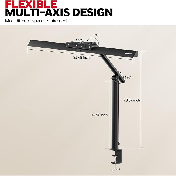 Honeywell LED Desk Lamp with Clamp - HJ1 Sunturalux Eye-Caring Clip on Lights for Home Office, 1200LM Clamp Lamp 4 Color Modes Stepless Dimming Task Desk Light for Working Black