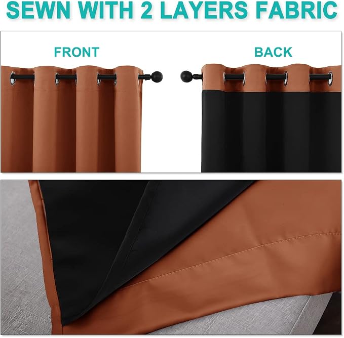 NICETOWN Full Shade Curtain Panels, 37" Wide x 70" Long, Burnt Orange, Pair of Thermal Insulated & Energy Efficiency Blackout Drapes for Living Room, Lined Silky Performance Window Dressing