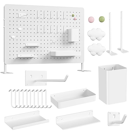 White Metal Pegboard Desk Organizer, 23.62 x 15.75 in with Hooks | Standing or wall-mounted metal panel with hooks, shelves, cup and holders for office, bedroom, craft room and desk storage