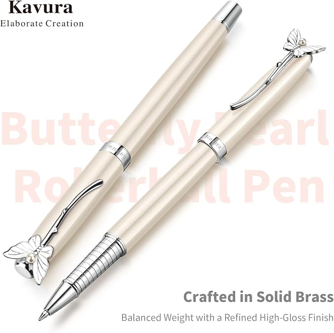 Butterfly & Pearl Rollerball Pen – Elegant Brass Pen Gift Set for Women, Jewelry-Inspired Design, Glossy Finish, with German Refill, Gift for Her, Graduation & New Beginnings(Pearl White)